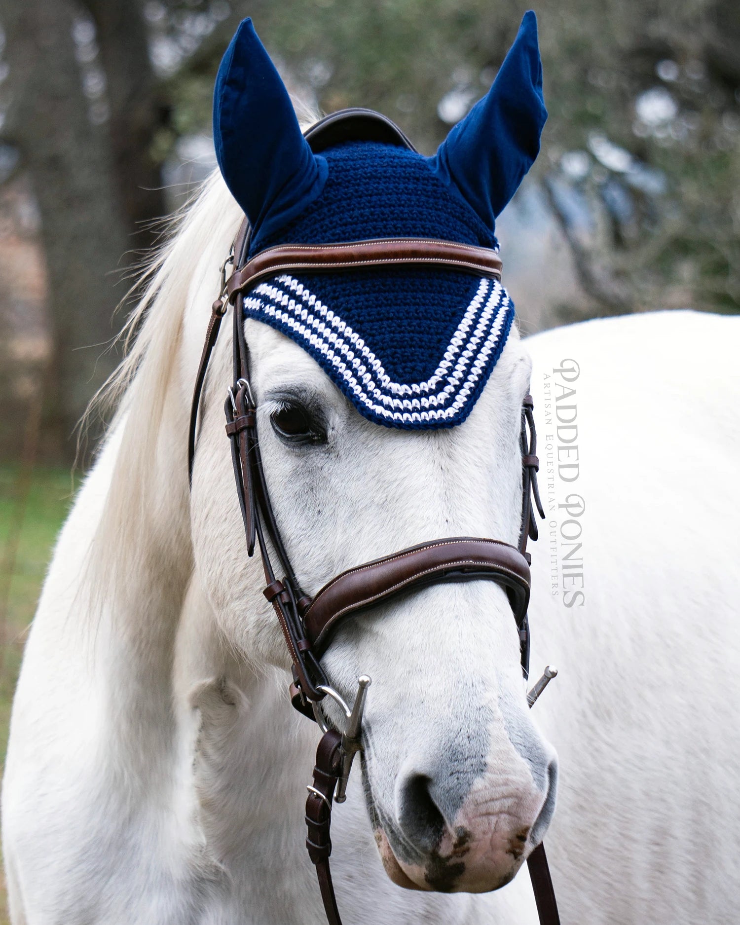 Navy Blue and White Stripe Trim Horse Fly Veil Bonnet