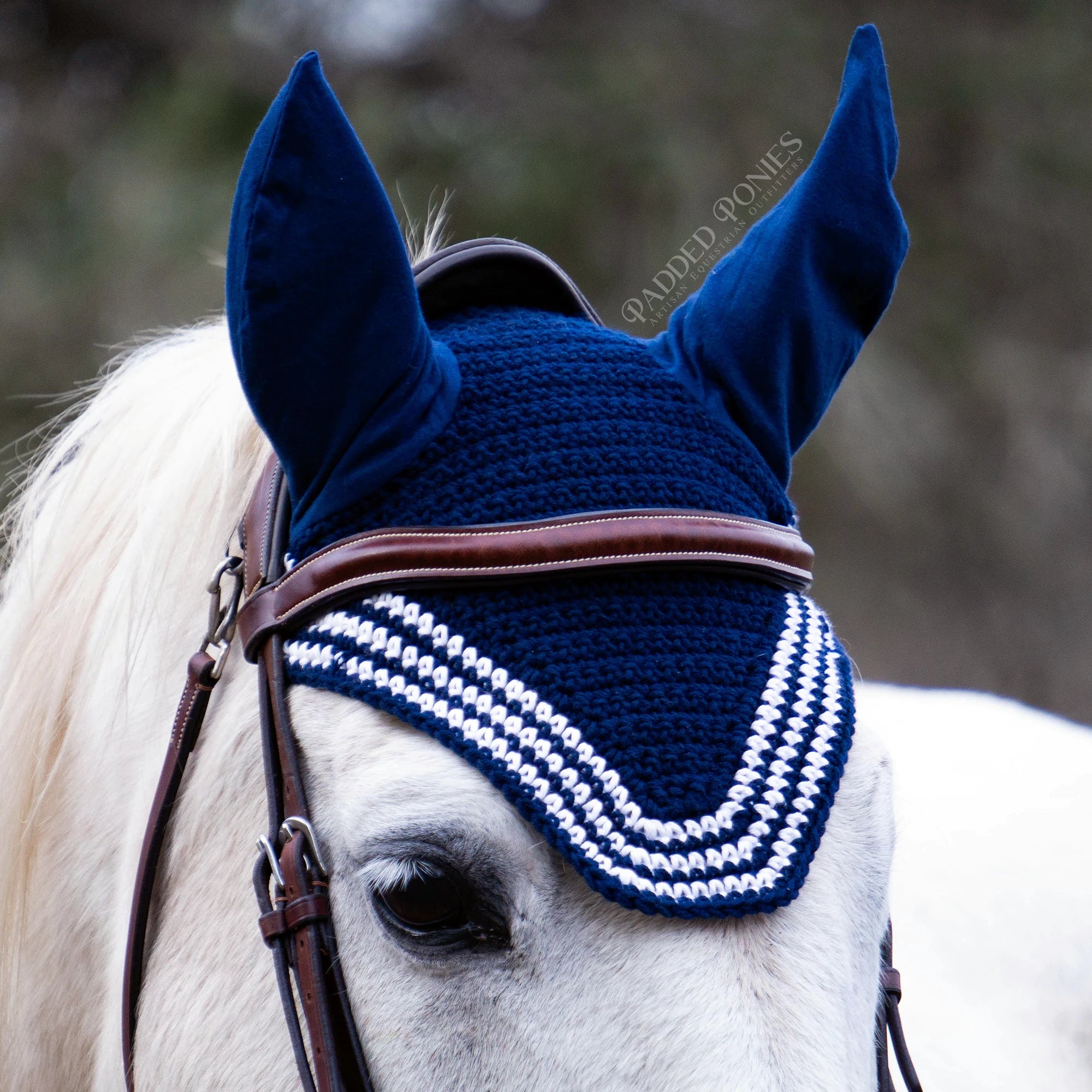 Navy Blue and White Stripe Trim Horse Fly Veil Bonnet