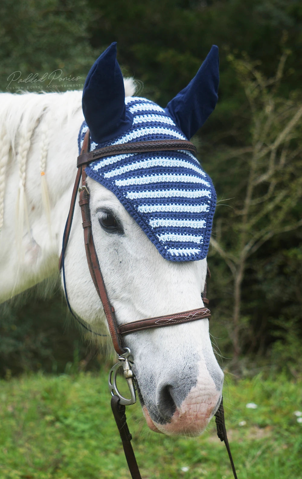 Navy Blue and Baby Blue Stripe Fly Veil Bonnet