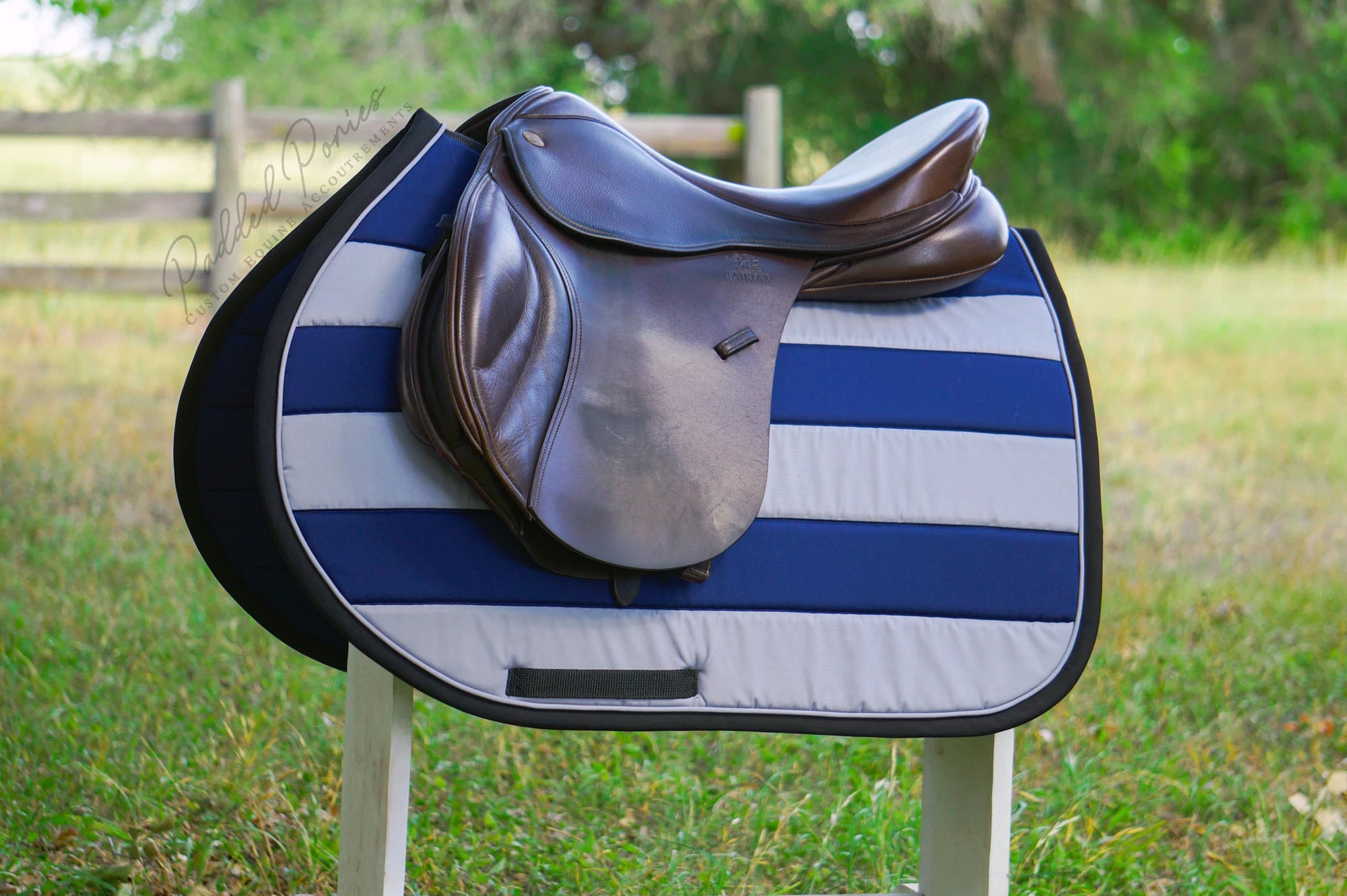 Navy Blue and Gray Stripe Jump Saddle Pad