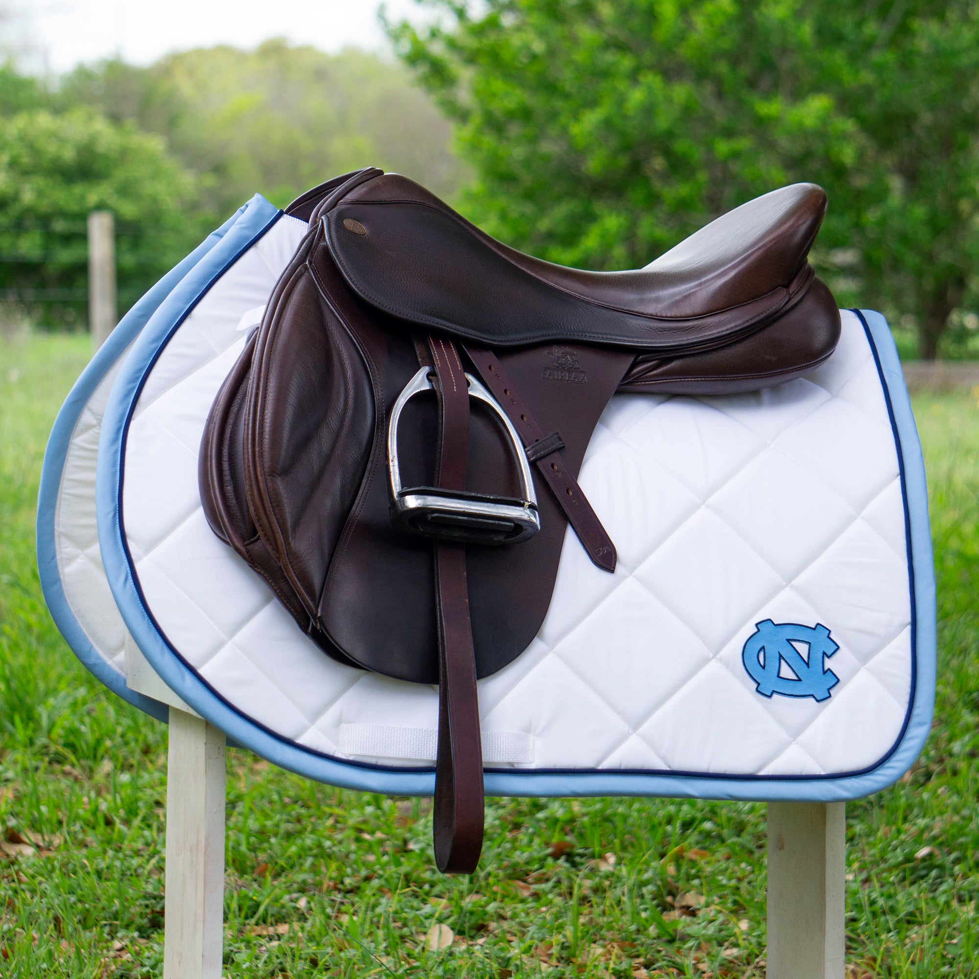 White and Blue University of North Carolina Patch Jump Saddle Pad