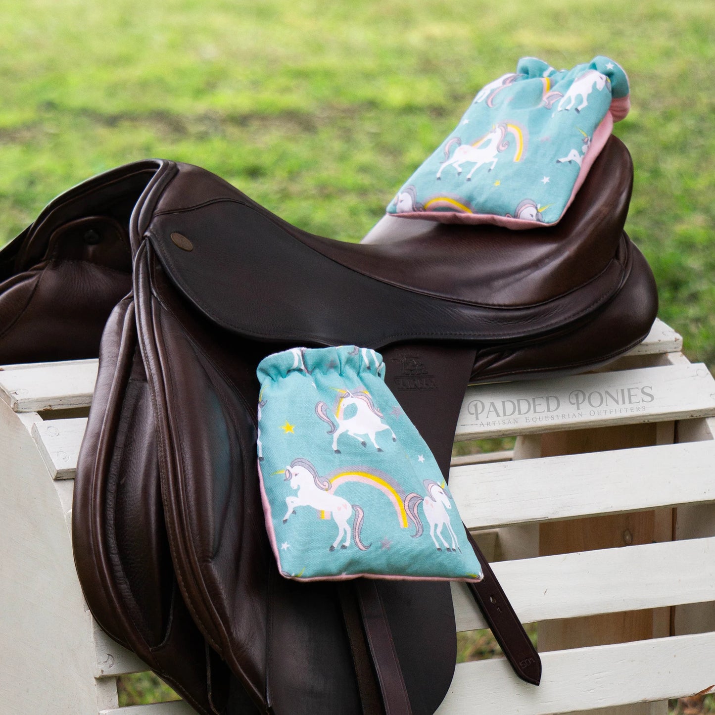 Aqua Unicorns and Rainbows Fleece Stirrup Covers