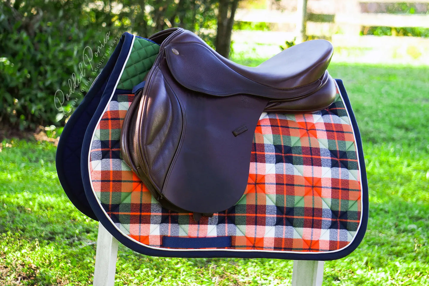 Orange, Green, and Navy Blue Plaid Flannel All Purpose Saddle Pad With High Wither