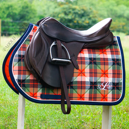 Orange, Navy Blue, and Green Cozy Plaid Flannel All Purpose Saddle Pad with Monogram