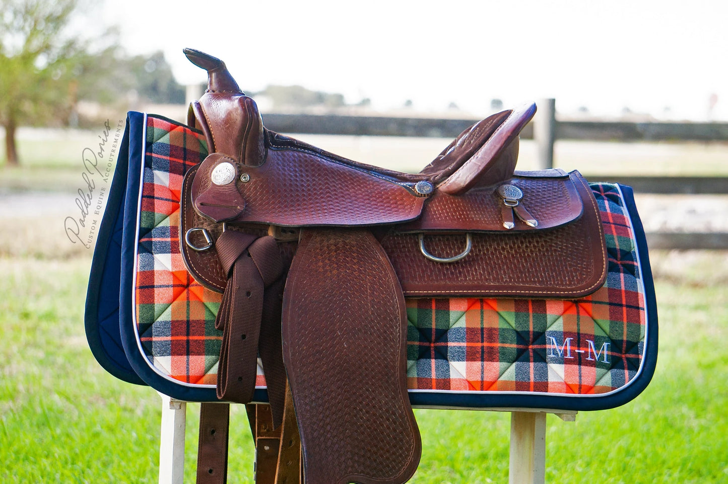 Orange, Green, and Navy Blue Plaid Flannel Western Saddle Pad with Monogram