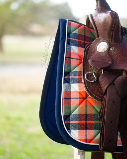 Orange, Green, and Navy Blue Plaid Flannel Western Saddle Pad