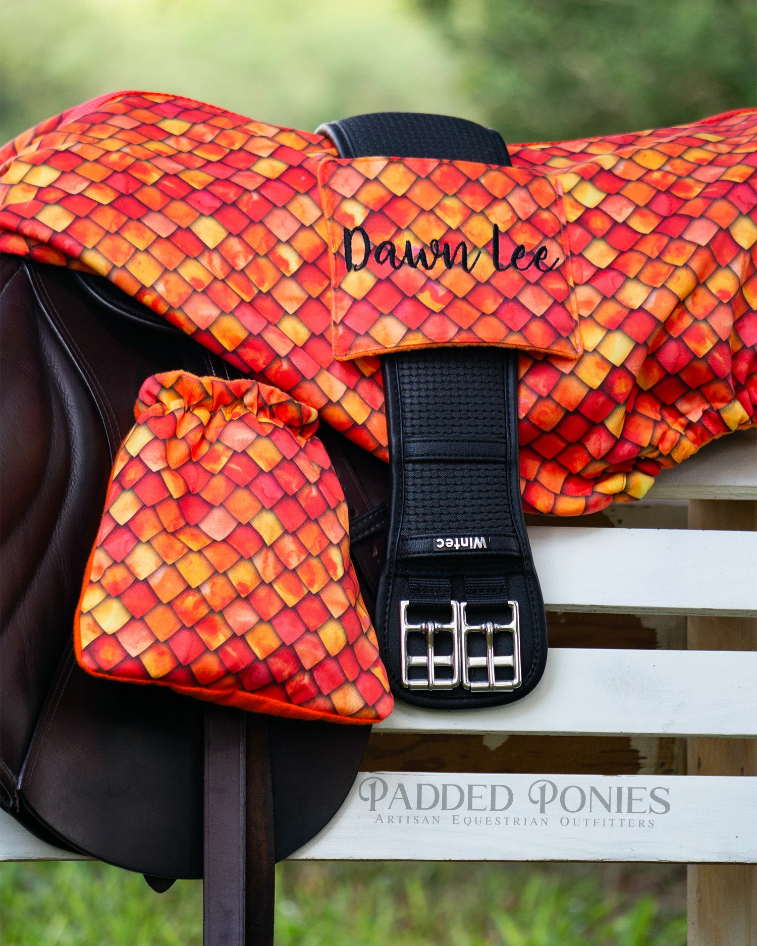 Orange/Red Flame Dragon Scales All Purpose Saddle Cover with Girth Pocket and Embroidery