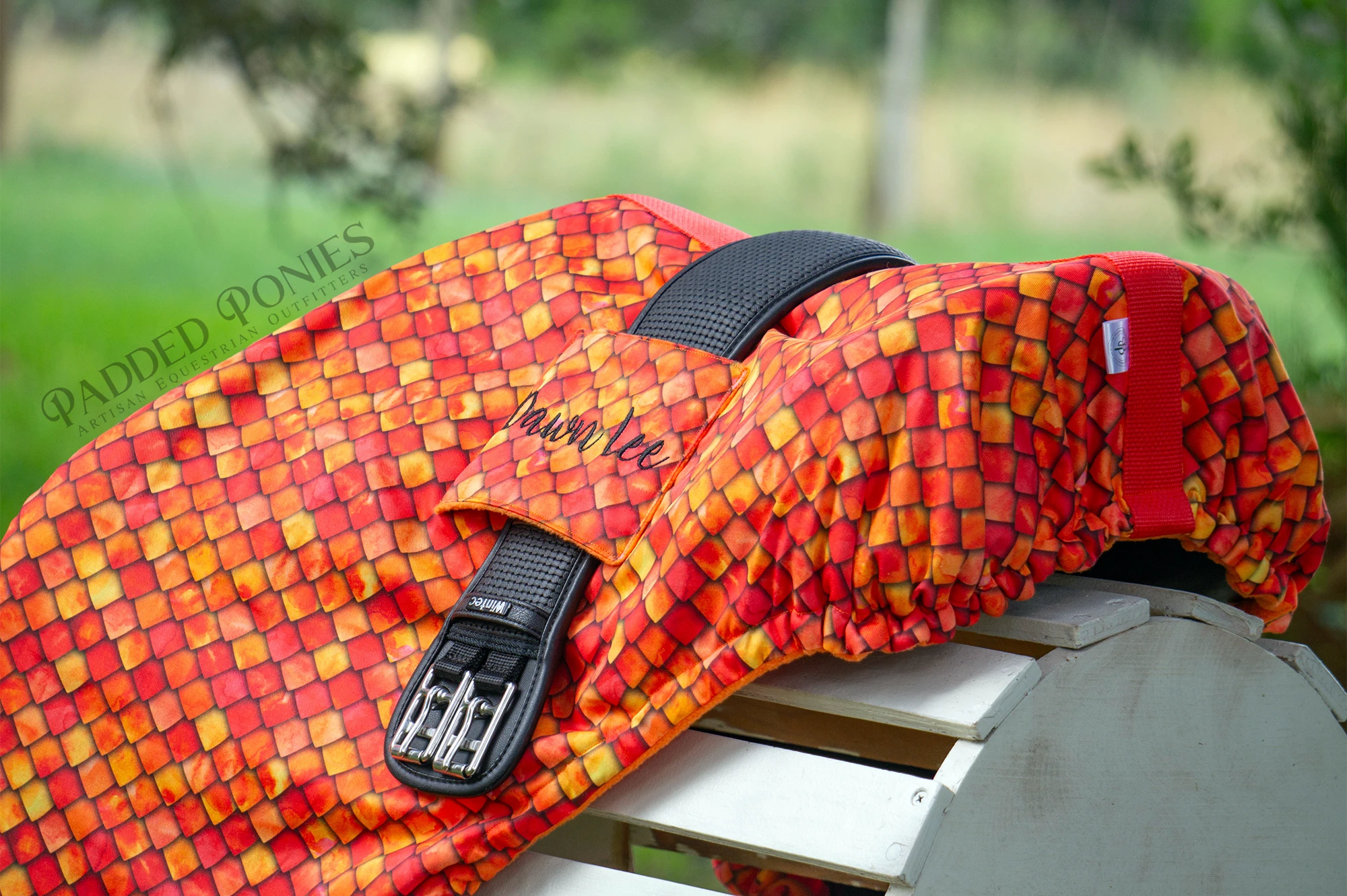 Orange/Red Flame Dragon Scales All Purpose Saddle Cover with Girth Pocket and Embroidery