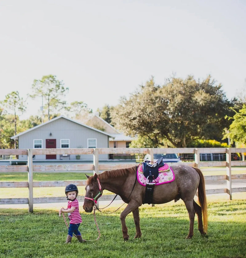Pony and Girl With Custom Pink Padded Ponies Saddle Pad and Half Pad Set