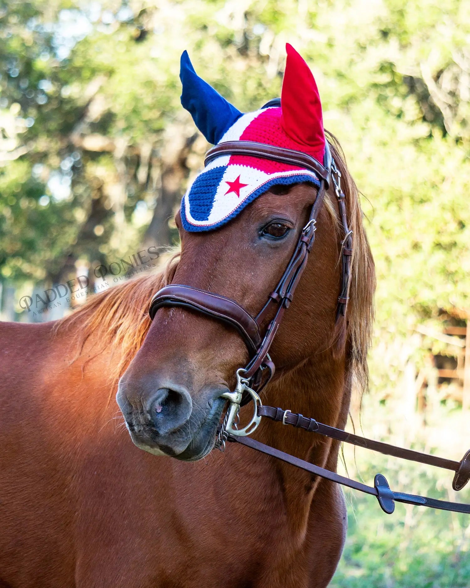 Red, White, and Blue Panama Flag Horse Fly Veil Bonnet with Rhinestones