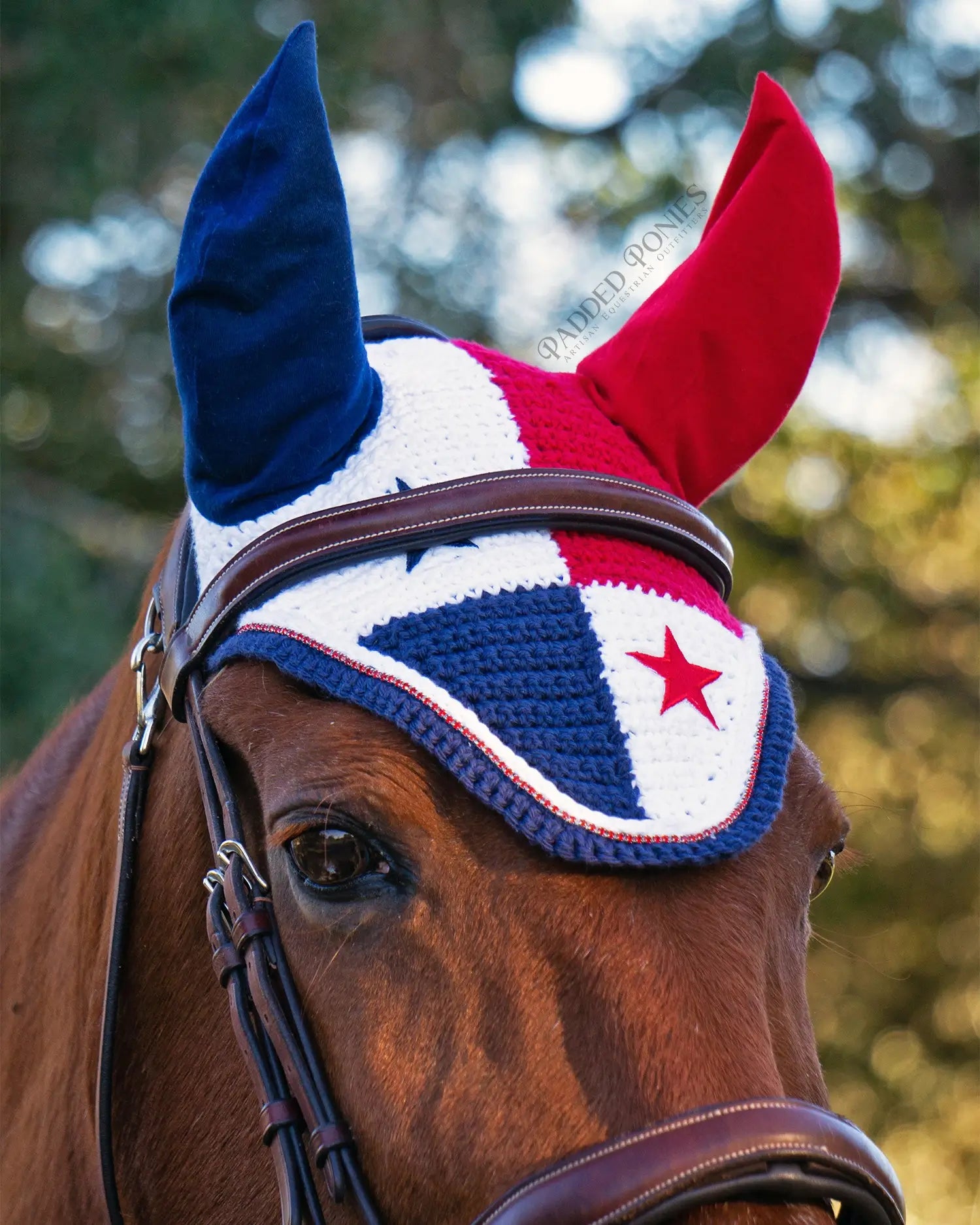 Red, White, and Blue Panama Flag Horse Fly Veil Bonnet with Rhinestones
