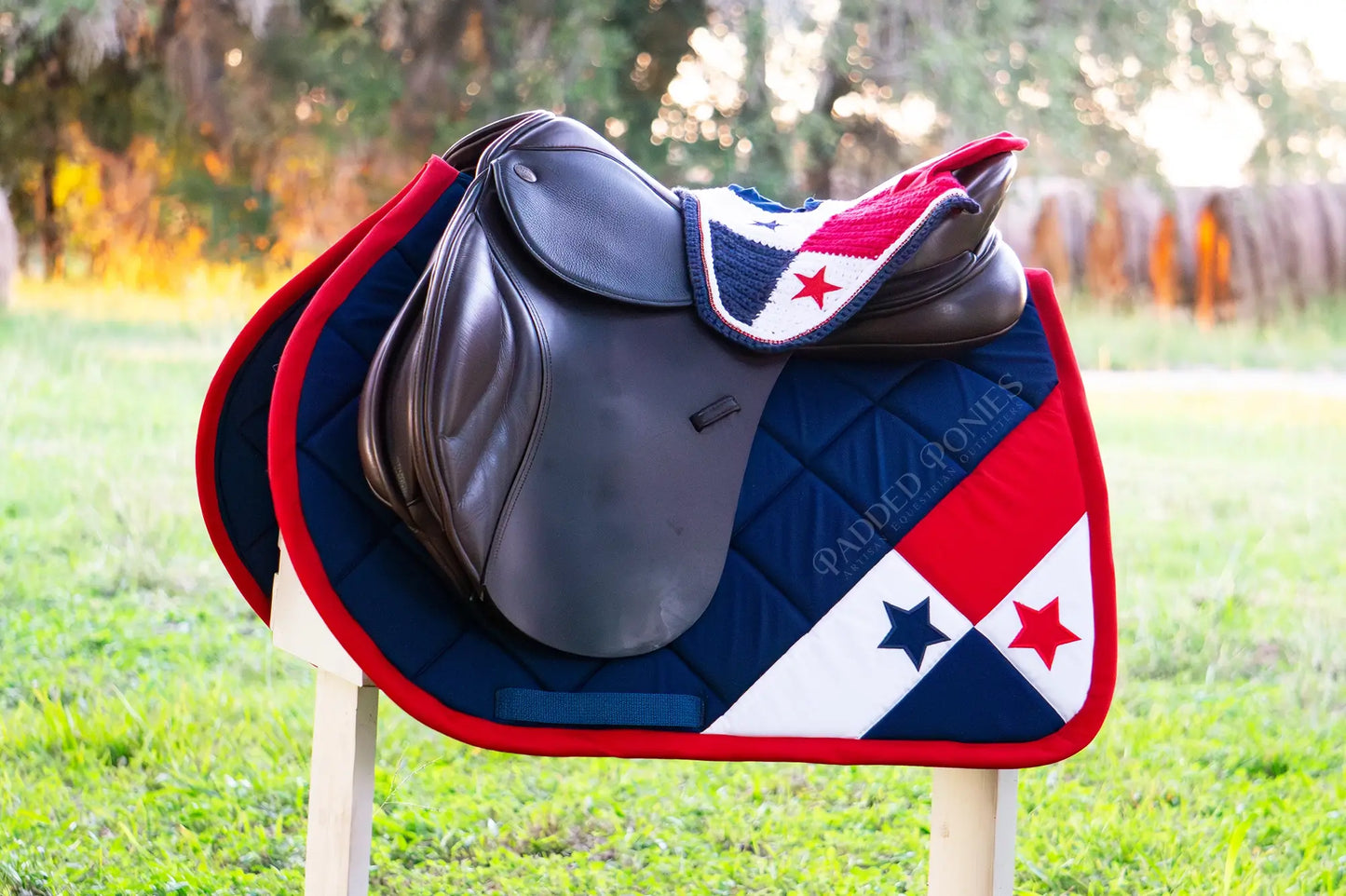 Red, White, and Blue Panama Corner Flag Patriotic Jump Saddle Pad and Matching Fly Veil Bonnet