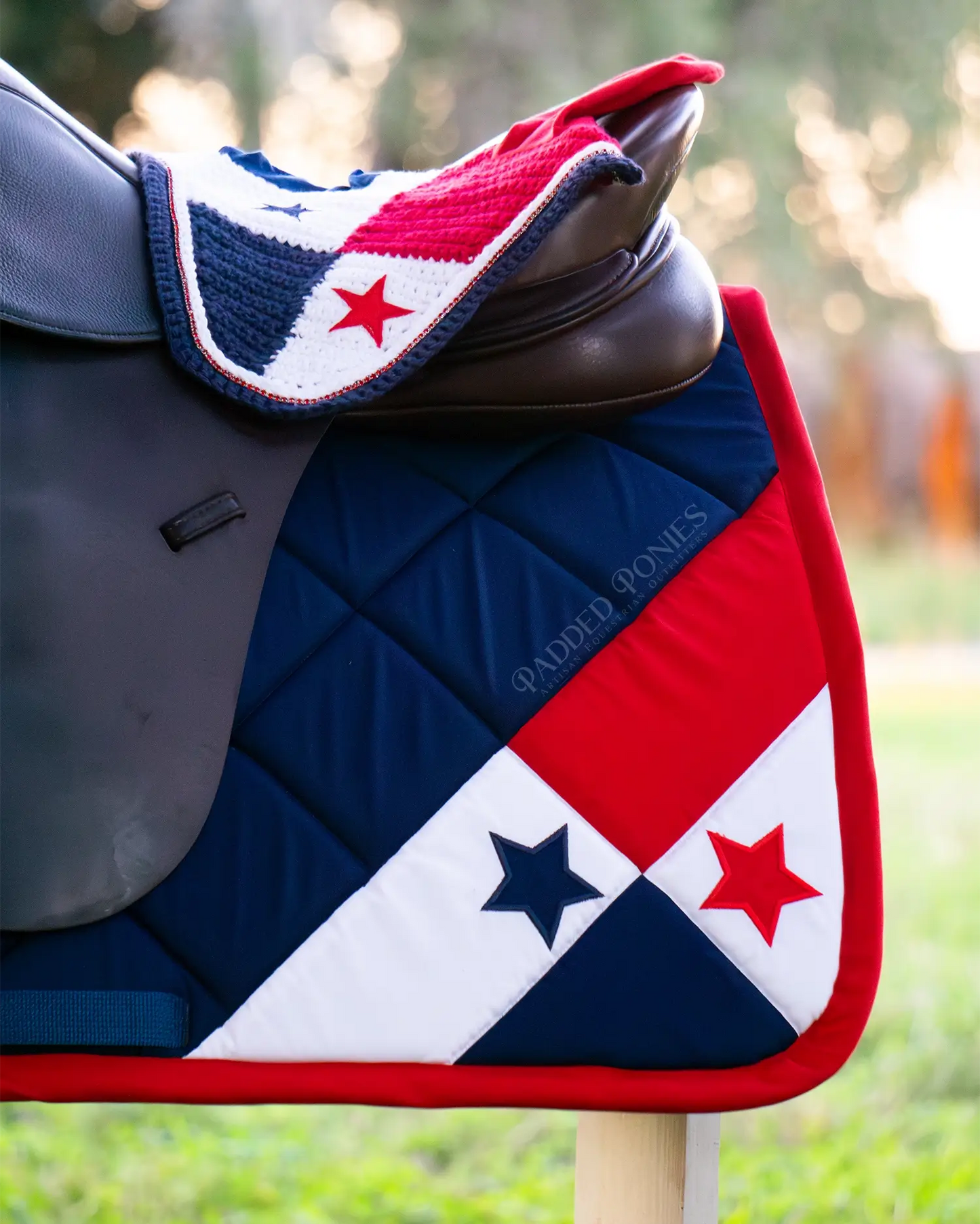 Red, White, and Blue Panama Corner Flag Patriotic Jump Saddle Pad and Matching Fly Veil Bonnet