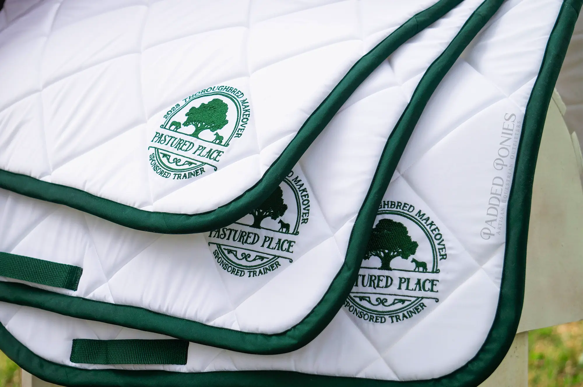 Custom Hunter Green and White Barn Name Saddle Pads