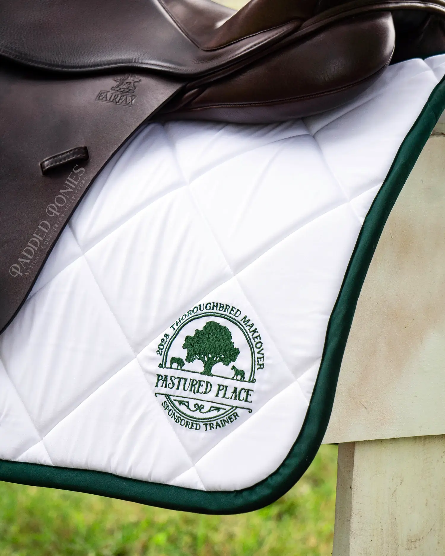 Custom Hunter Green and White Barn Name Saddle Pad