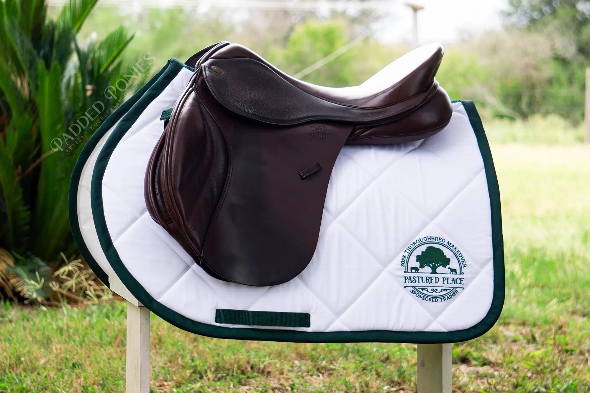 Custom Hunter Green and White Barn Name Saddle Pad