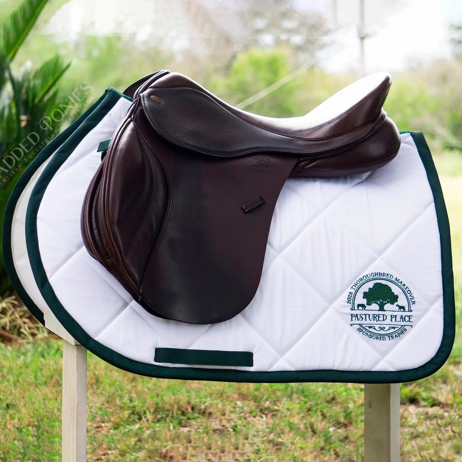 Custom Hunter Green and White Barn Name Saddle Pads