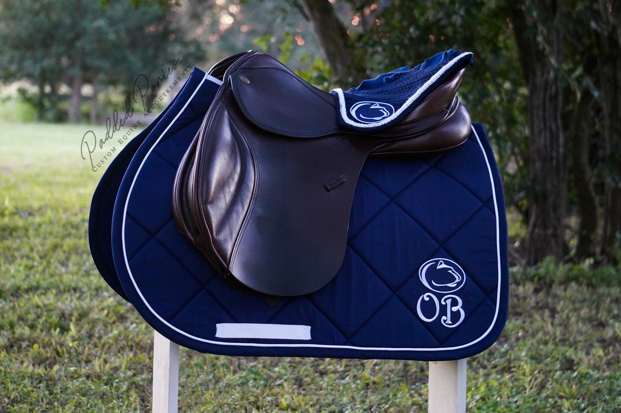 Navy Blue Pennsylvania State University Patch Monogrammed All Purpose Saddle Pad with Matching Rhinestone Fly Veil Bonnet