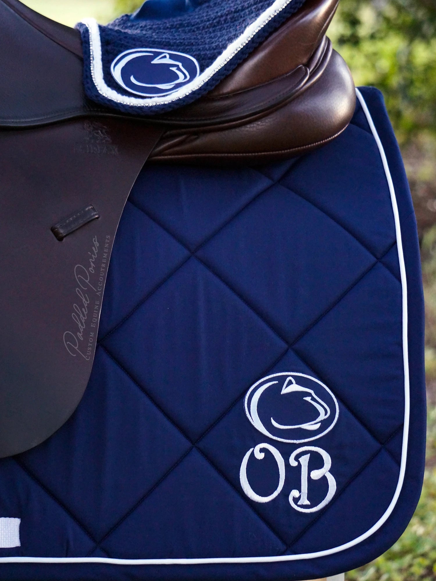 Navy Blue Pennsylvania State University Patch Monogrammed All Purpose Saddle Pad with Matching Rhinestone Fly Veil Bonnet