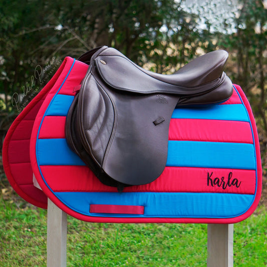 Hot Pink and Bright Blue Stripe All Purpose Saddle Pad with Monogram
