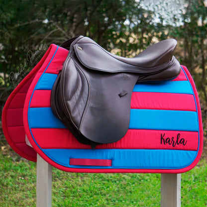 Hot Pink and Bright Blue Stripe All Purpose Saddle Pad with Monogram