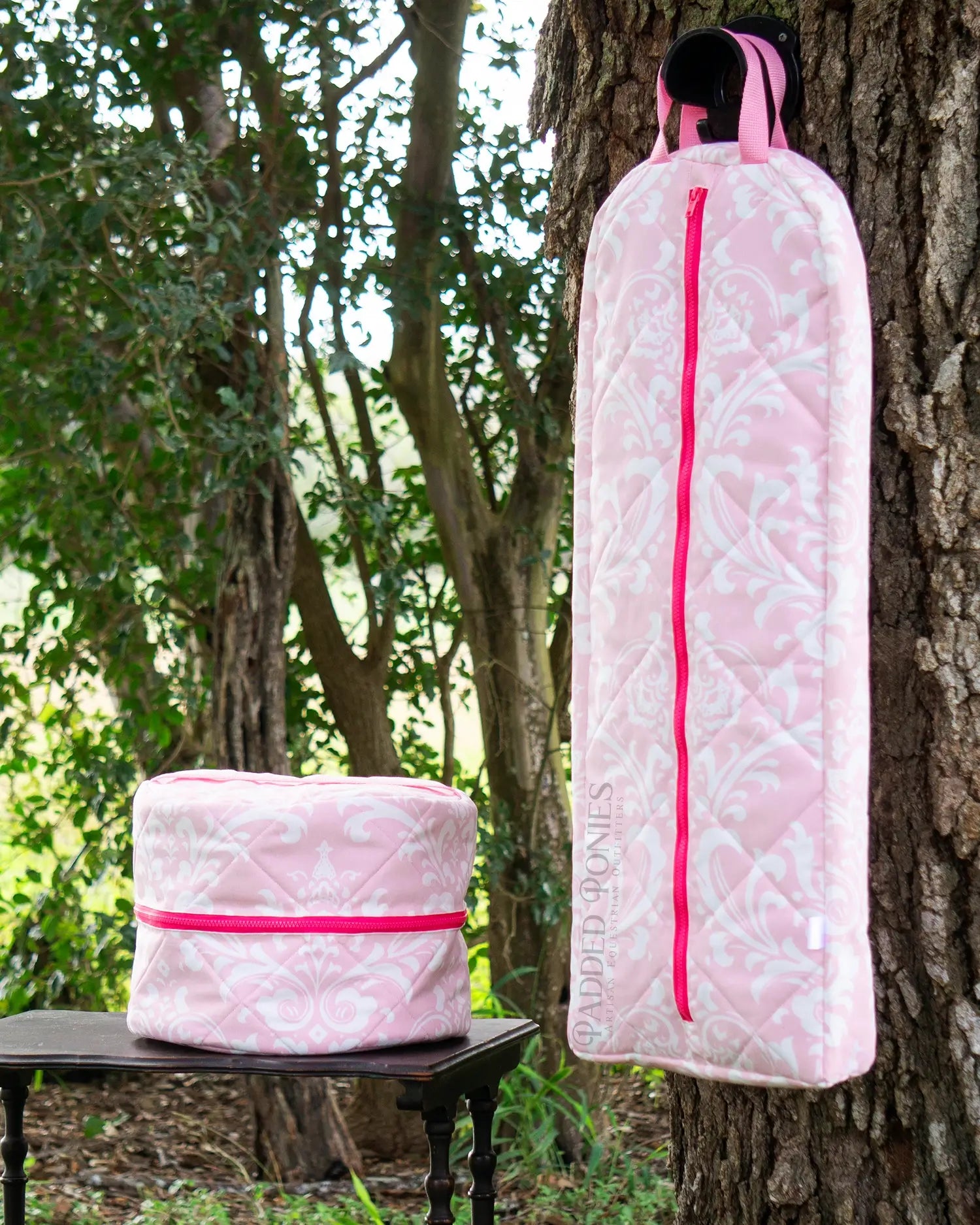 Baby Pink and Hot Pink Floral Damask Bridle Bag and Helmet Bag Set