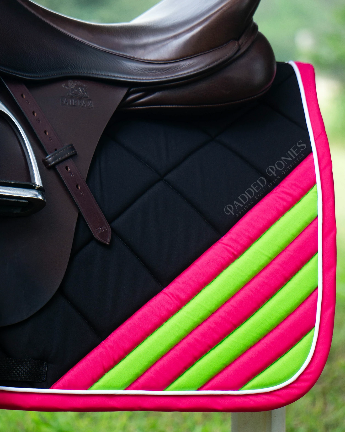 Black, Hot Pink, and Lime Green Corner Stripe Jump Saddle Pad
