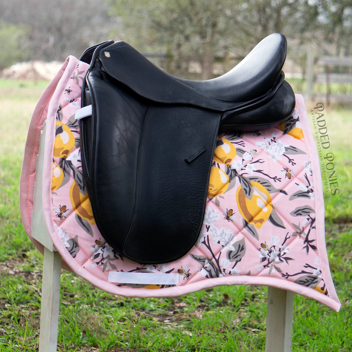 Baby Pink Lemons and Bees Floral Dressage Saddle Pad with Swallowtail Corner