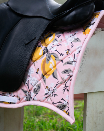 Baby Pink Lemons and Bees Floral Dressage Saddle Pad with Swallowtail Corner