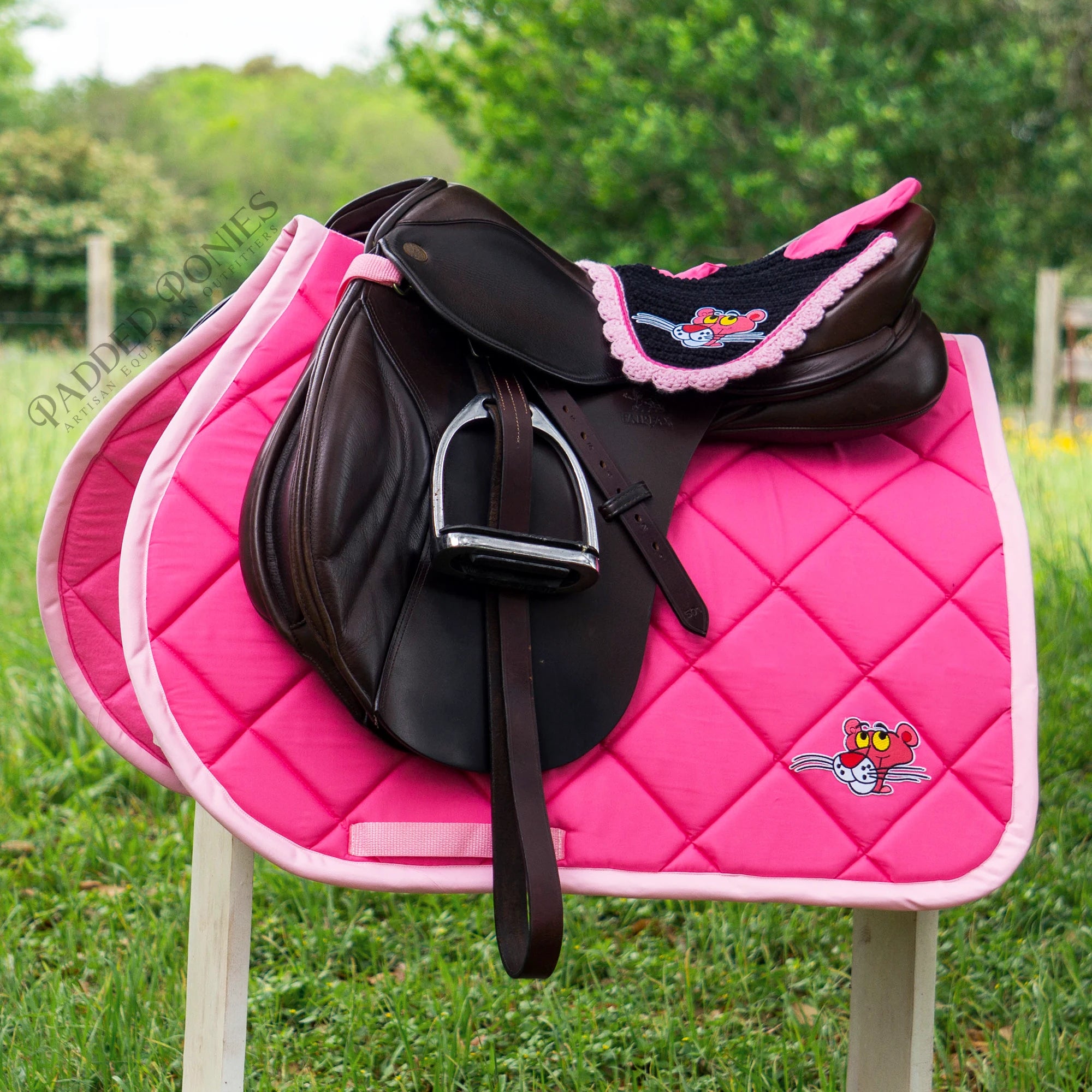Pink Panther Cartoon Character Patch All Purpose Saddle Pad with Matching Fly Bonnet