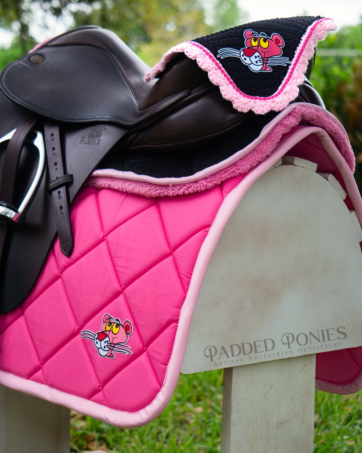 Pink Panther Cartoon Character Patch All Purpose Saddle Pad with Matching Fly Bonnet and Half Pad