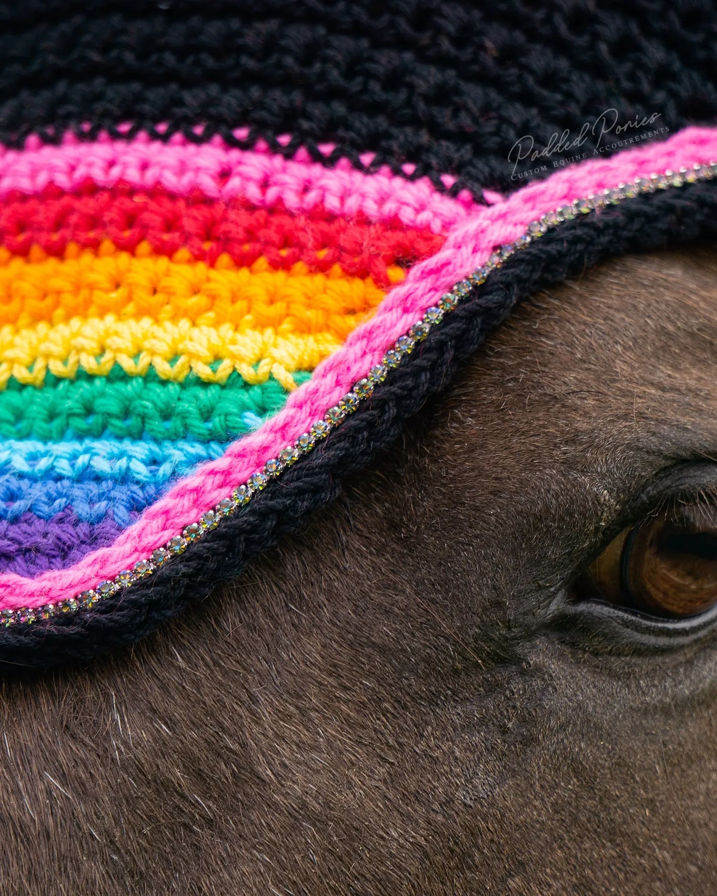 LGBTQ+ Pink Rainbow Flag Tip Black Horse Fly Veil Bonnet with Rhinestones