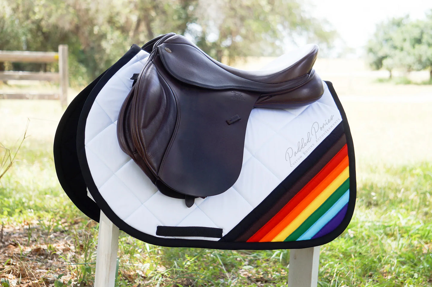 LGBTQ+ People of Color Inclusive Gay Rainbow Flag Corner White Jump Saddle Pad
