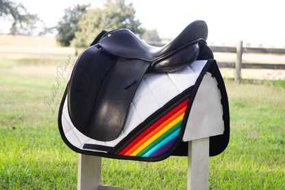 LGBTQ+ People of Color Inclusive Gay Rainbow Flag Corner White Dressage Saddle Pad