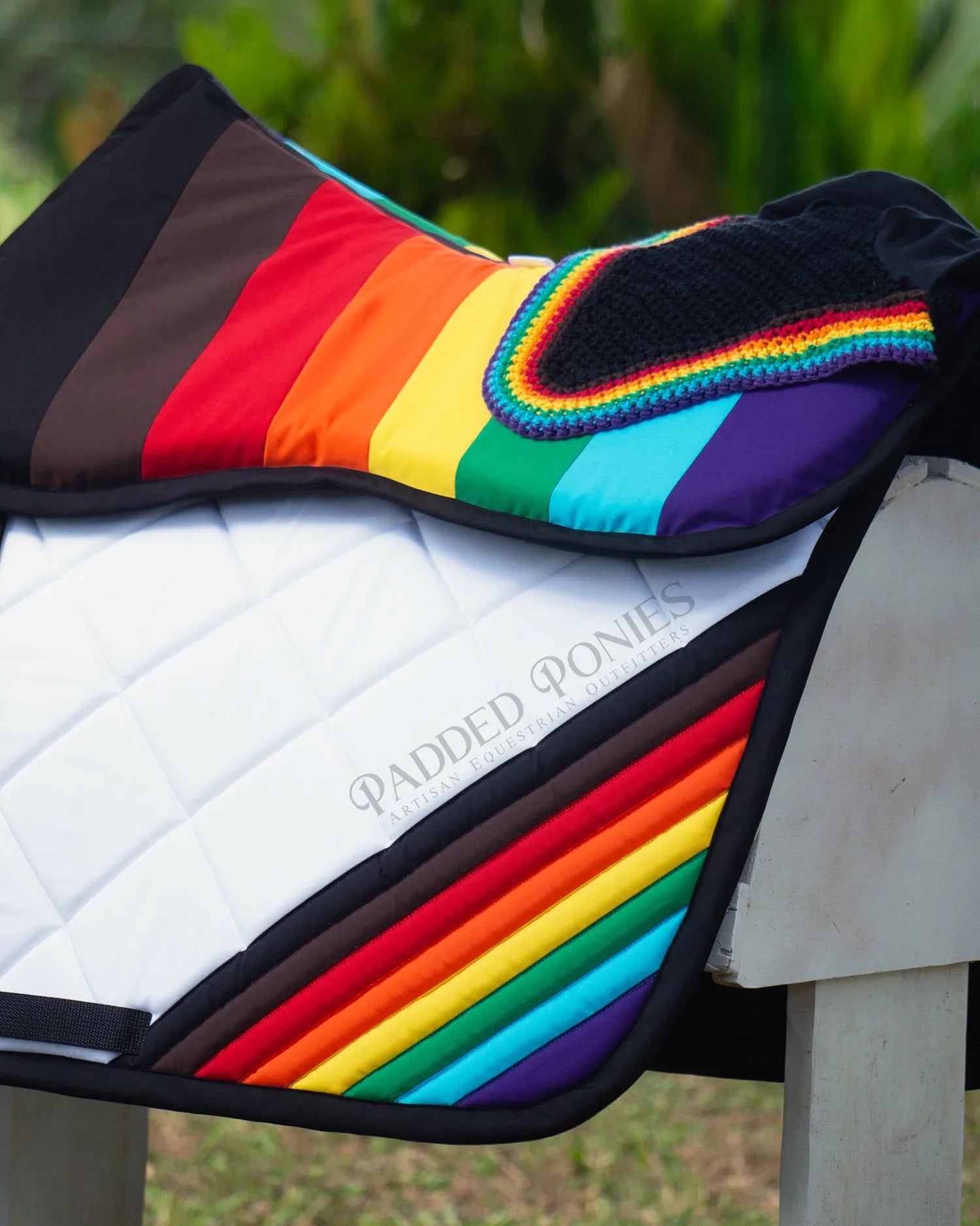 LGBTQ+ People of Color Inclusive Gay Rainbow Flag Corner Saddle Pad with Matching Memory Foam Half Pad and Fly Veil Bonnet