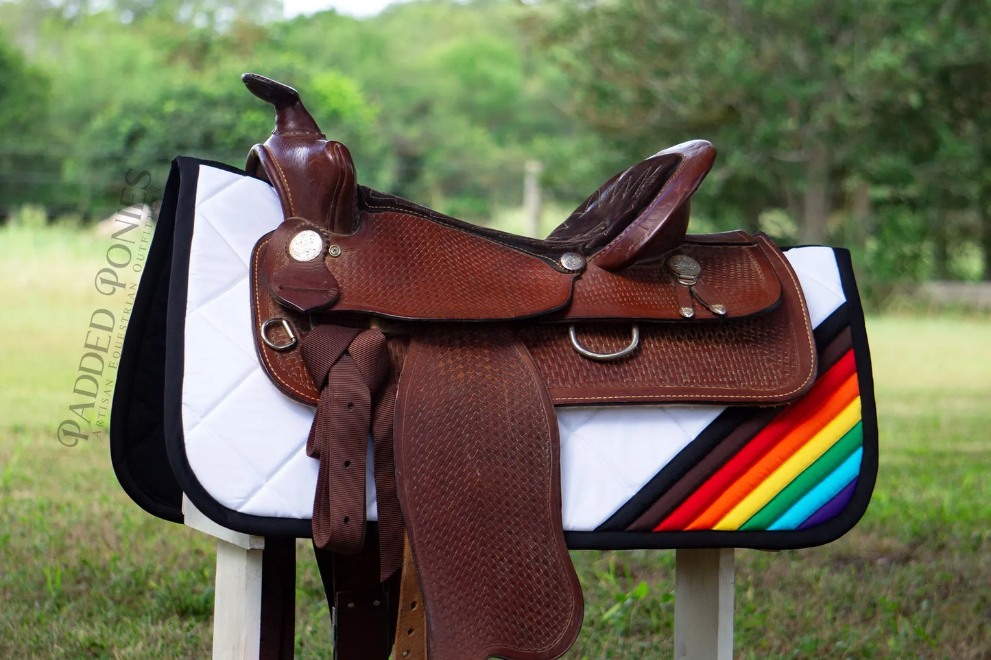 LGBTQ+ People of Color Inclusive Gay Rainbow Flag Corner White Western Saddle Pad