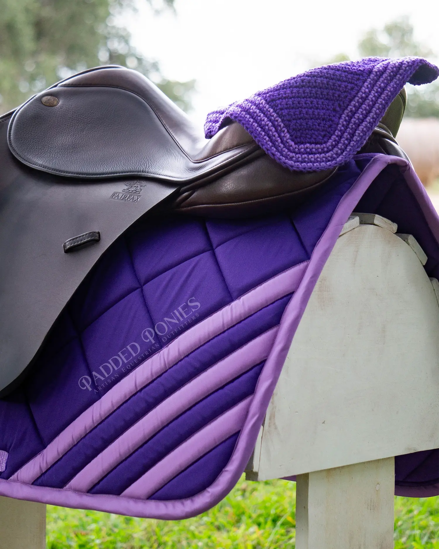 Purple and Orchid Stripe Trim Fly Veil Bonnet Horse Size with Matching Saddle Pad