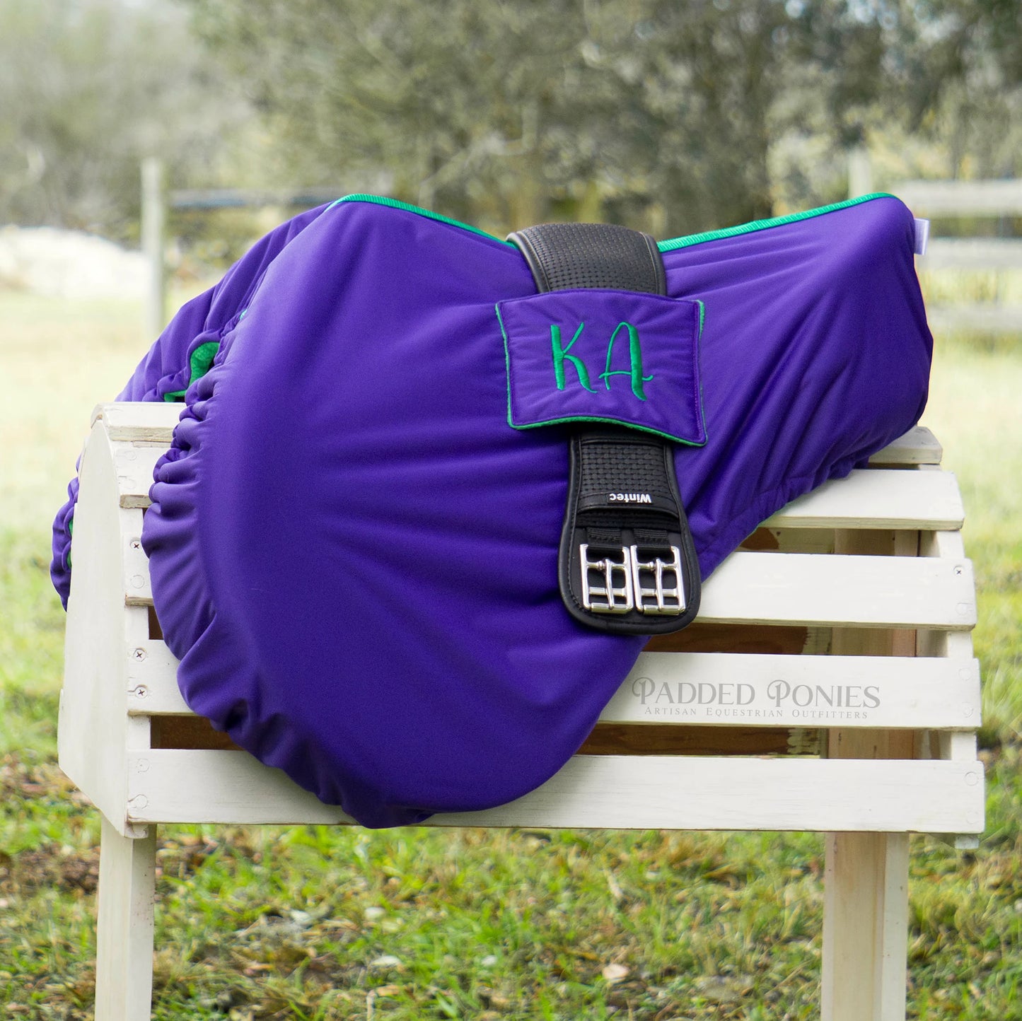 Purple and Kelly Green All Purpose Waterproof Saddle Cover with Girth Pocket and Monogram