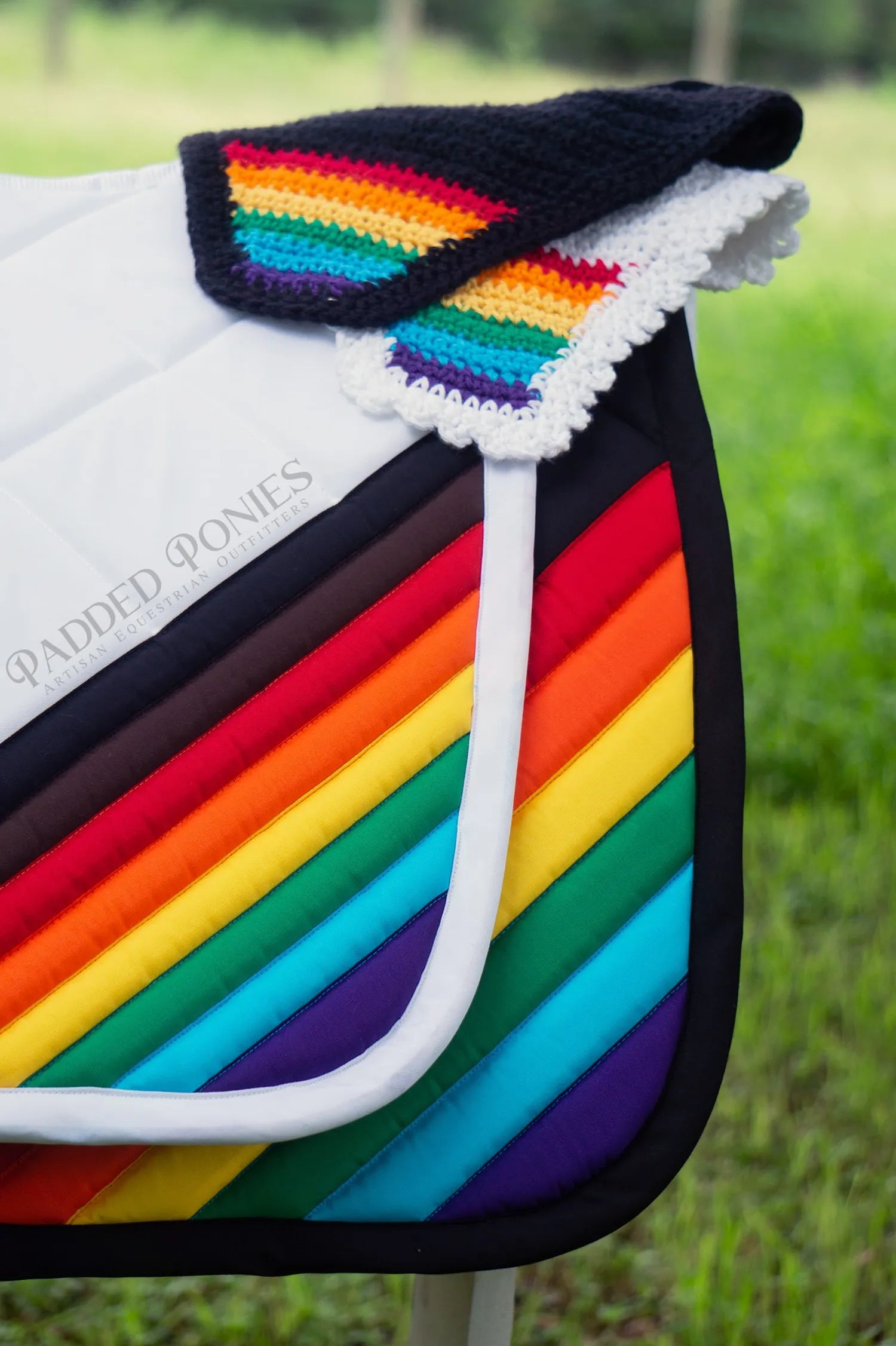 LGBTQ+ Rainbow Flag Tip Fly Veil Bonnets and Matching Saddle Pads