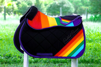 LGBTQ+ Gay Rainbow Flag Faux Sheepskin Fleece Half Pad with Matching Saddle Pad and Fly Veil