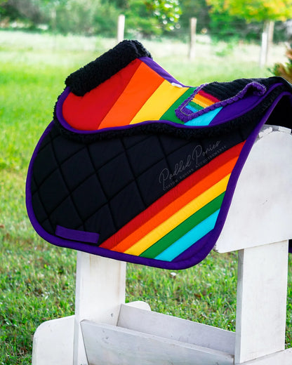 LGBTQ+ Gay Rainbow Flag Corner Black and Purple All Purpose Saddle Pad and Matching Fleece Half Pad and Fly Veil Bonnet