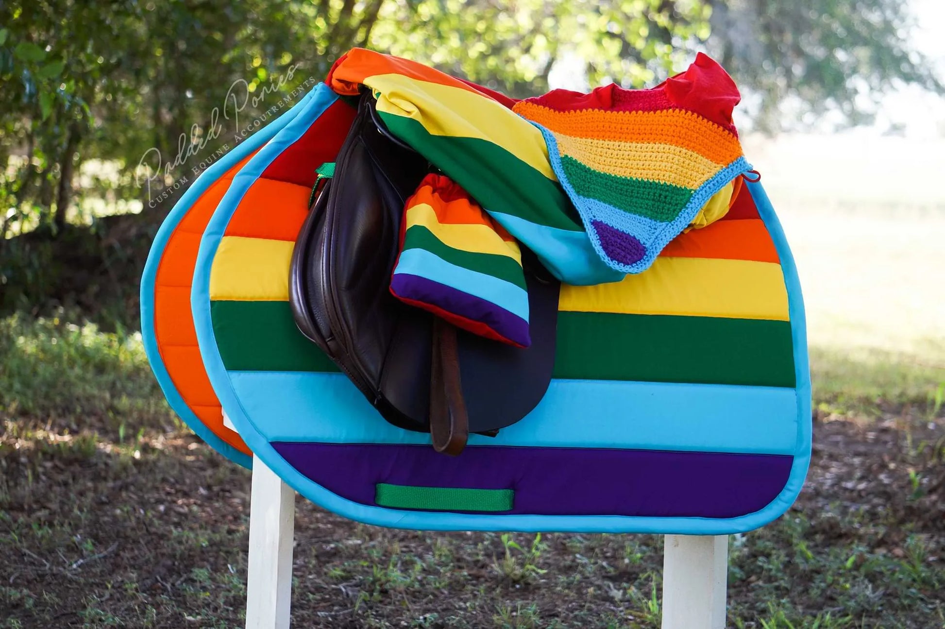 LGBTQ+ Gay Rainbow Flag Fly Veil Bonnet with Matching Saddle Pad, Cover, and Stirrup Covers