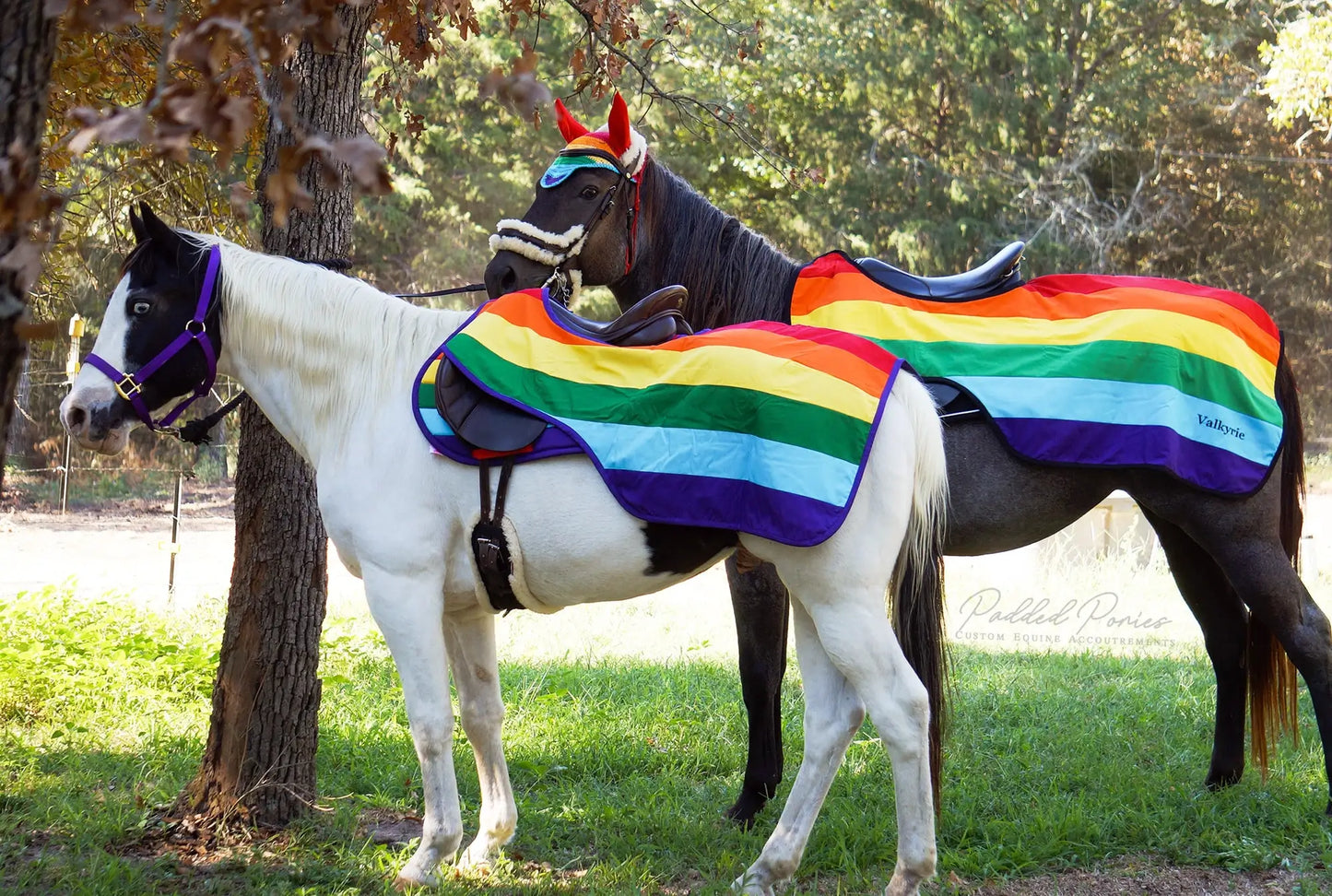 LGBTQ+ Gay Rainbow Flag Quarter Sheets With Matching Saddle Pads and Fly Veil Bonnets