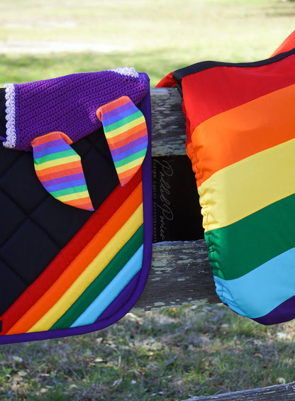 LGBTQ+ Gay Rainbow Flag Saddle Cover with Matching Fly Veil Bonnet and Saddle Pad