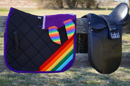 LGBTQ+ Gay Rainbow Flag Stripe Ears Purple Fly Veil Bonnet With Matching Saddle Pad