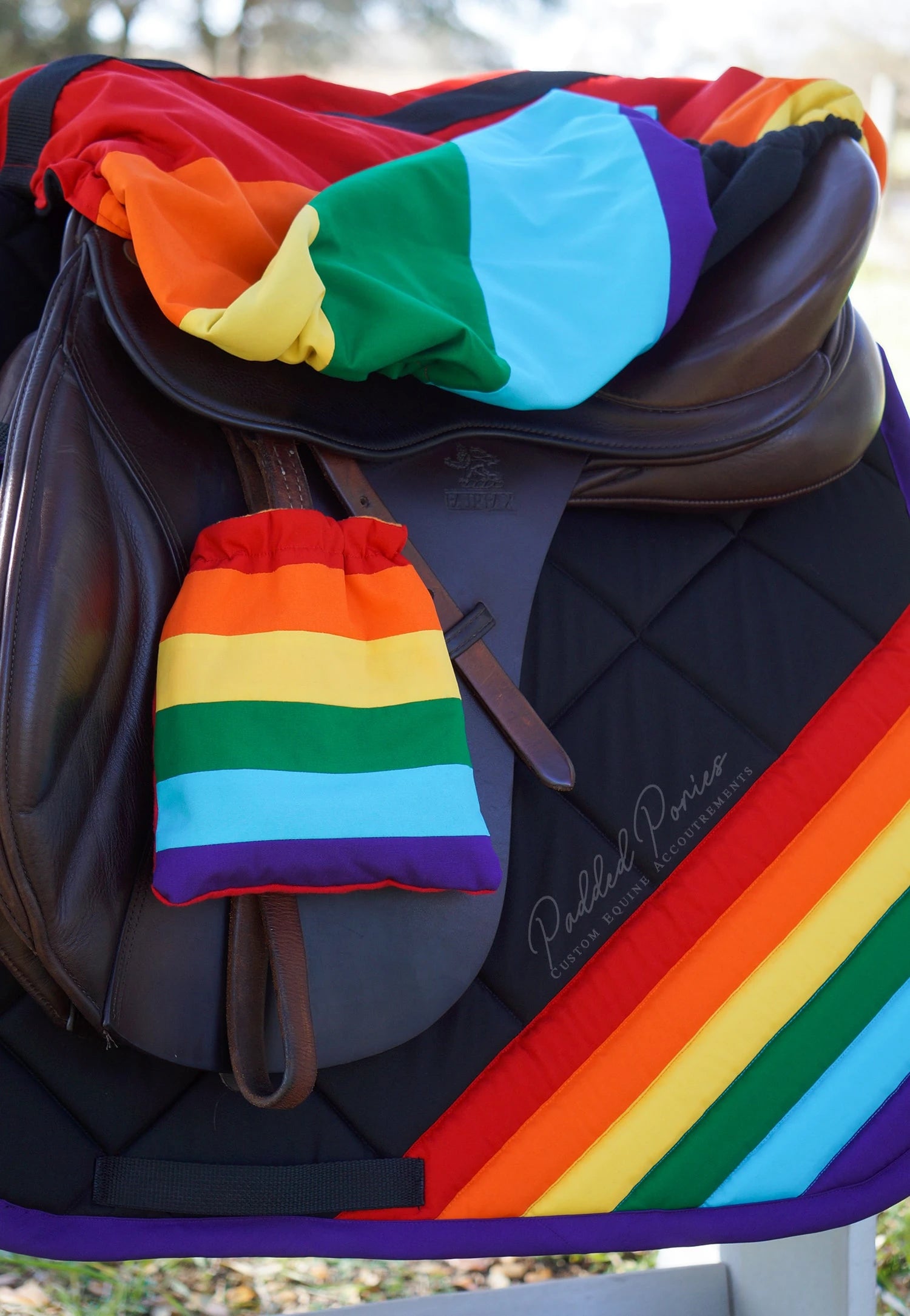LGBTQ+ Gay Rainbow Flag Saddle Cover with Matching Stirrup Covers and Saddle Pad