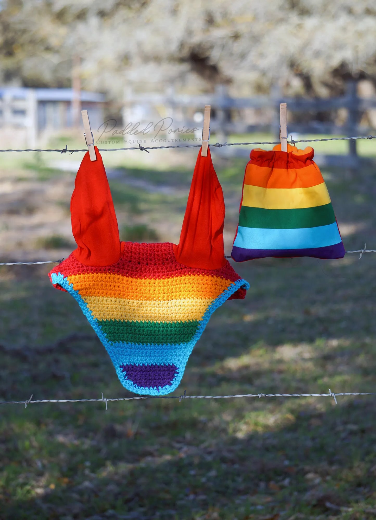 LGBTQ+ Gay Rainbow Flag Fly Veil Bonnet with Matching Stirrup Covers