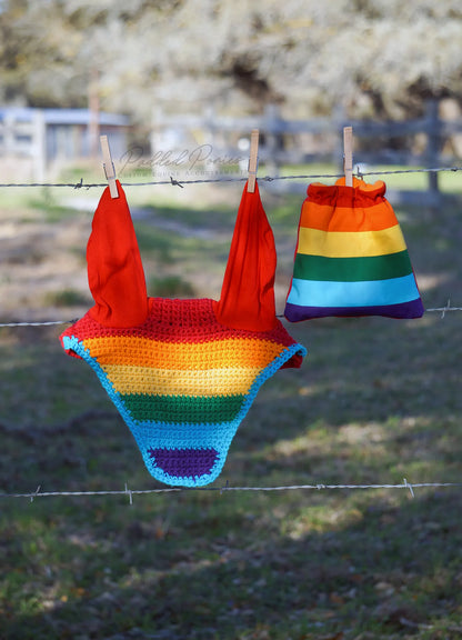 LGBTQ+ Gay Rainbow Flag Fly Veil Bonnet with Matching Stirrup Covers