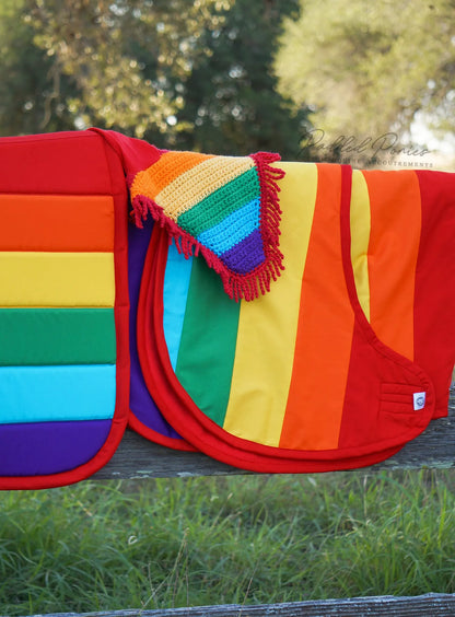 LGBTQ+ Gay Rainbow Flag Fringe Fly Veil Bonnet with Matching Saddle Pad and Quarter Sheet