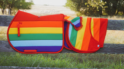 LGBTQ+ Gay Rainbow Flag Quarter Sheet with Matching Saddle Pad and Fly Veil Bonnet